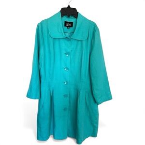 Anthropologie Luii Aqua Linen Blend Trench Coat Swing Silhouette 3/4 Sleeves